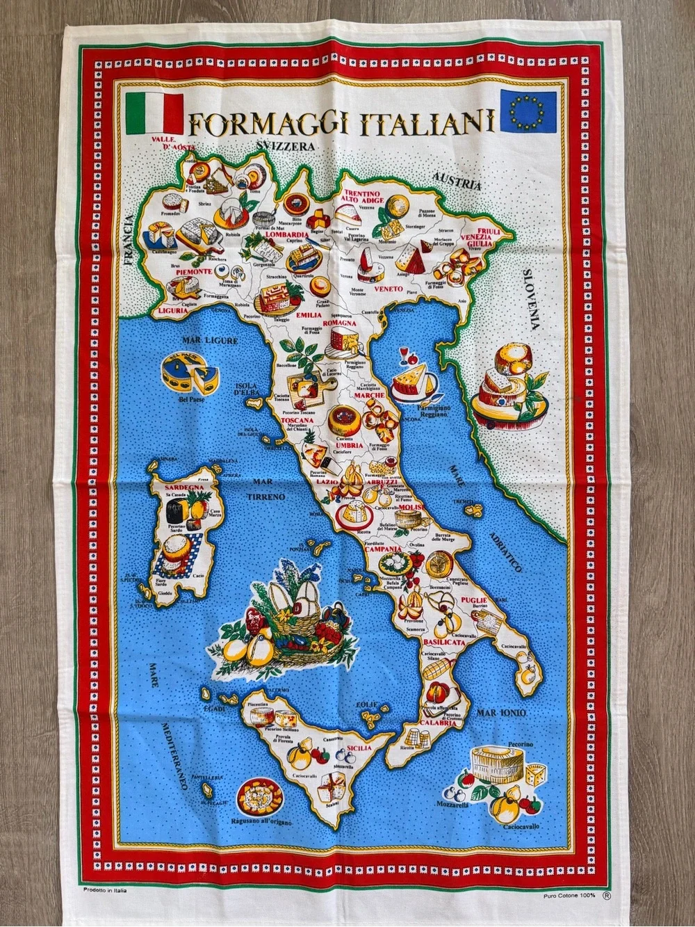 Source Unknown Formaggi Italiani Map Tea Towel - Blue Red White